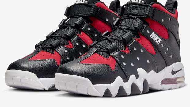 Side view of Charles Barkley's red and black Nike sneakers.